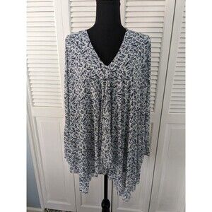 Emaline Womens sz 3X Top Blouse Blue White Floral Mesh Layered Front Long Sleeve